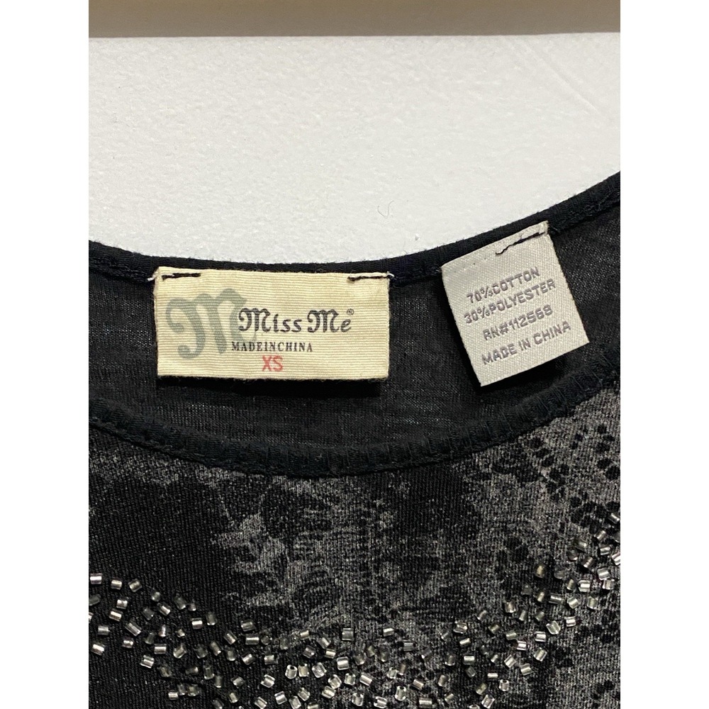 Y2K Miss Me XS Beaded Top Long Sleeve Fitted Grunge Whimsy Stretch - Picture 6 of 7